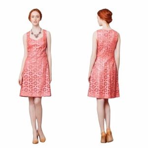 Anthropologie MAEVE Dress sz 2 Coral shimmer Flower Eyelet knee Length v neck